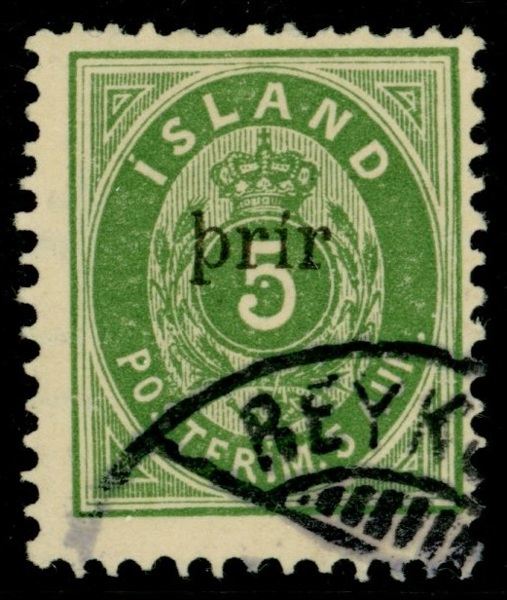 F37. Påtryck stort "þrir", stpl ex. Attest Kaiser. F 7500 kr