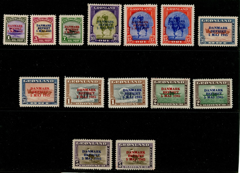 F19-27 (14). Mest ostämplad serie Danmark Befriet med båda övertrycksfärger, dock saknas 10 öre rött påtryck. (15 öre rött, 30 öre rött och 1 kr blått påtryck är xx)