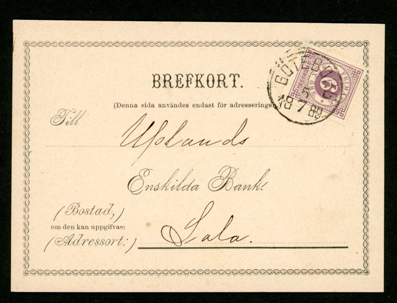 Tidigt brevkort från Göteborgs enskilda bank, frankerat med sex öre (F31). Stpl GÖTEBORG 5.7.1880 och sänt till Sala.