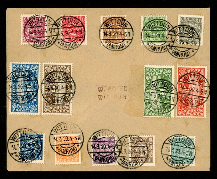 Slesvig F1-14 kpl serie på brev stpl WITTDUN 14.3.20 F 800 kr+