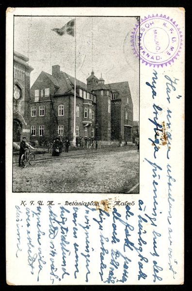 MALMÖ. KFUM Betaniaplan 4, Malmö. Slitna hörn. Med stpl KFUMS höstmarknad, postgånget 16.11.12