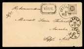 Rekommenderat brev med 30 öre ringtyp t14, stpl STRÅTJÄRA 21.2.1877 och WÄRDE i ram, samt transit GEFLE två datum. Vackert men med en def hörntand och kuvertets baksida med större pappersförlust.