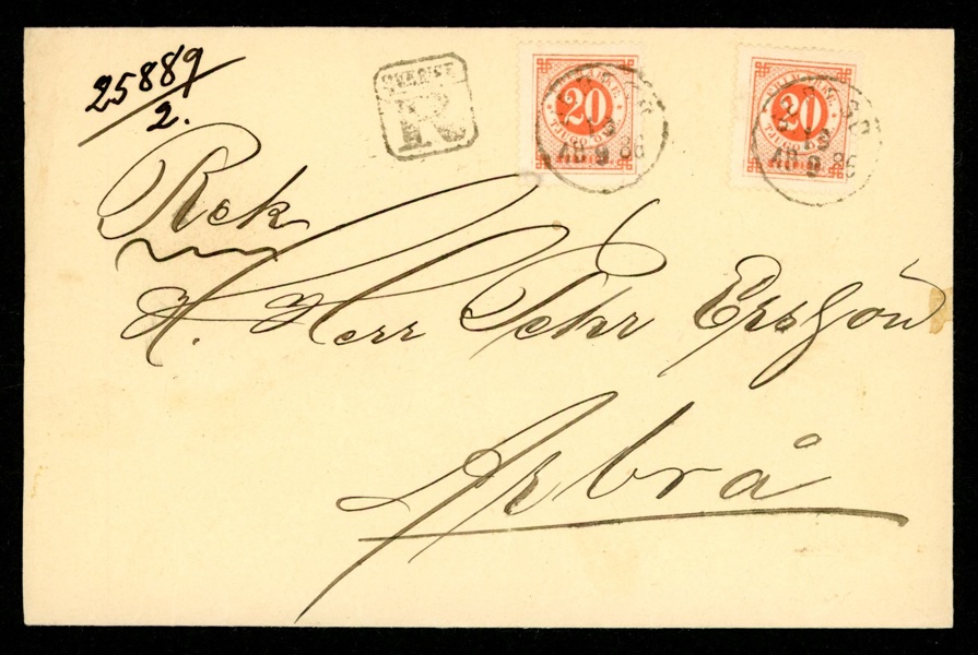 Rekommenderat brev till Arbrå med 2x 20 öre t13 (ph?), stpl JERFSÖ 19.9.1886