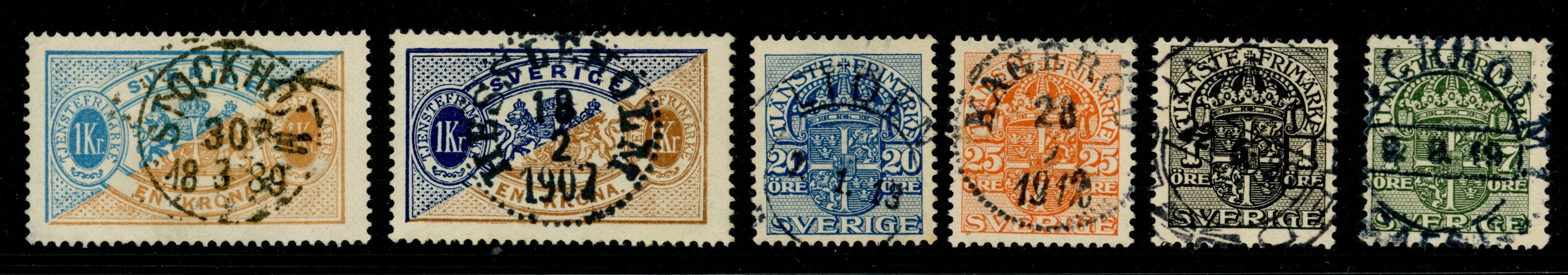 Tjänste. Lot med sex vackert stämplade märken.