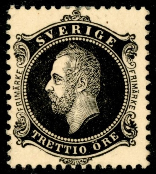 P. Förslagsmärke KARL XV 30 öre svart, slät bakgrund.