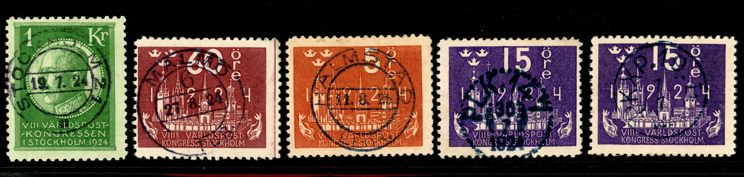 F208 m.fl. Lot fem märken från Kongressen 1924, alla med prakt-lyxstämplar!