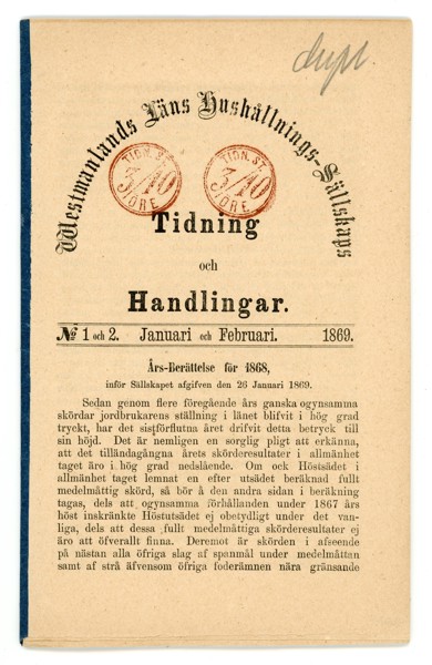 Westmanlands läns hushållningssällskap. Tidskrift Nr 1-2 1869, med två tidningsstämplar 3/10 öre.