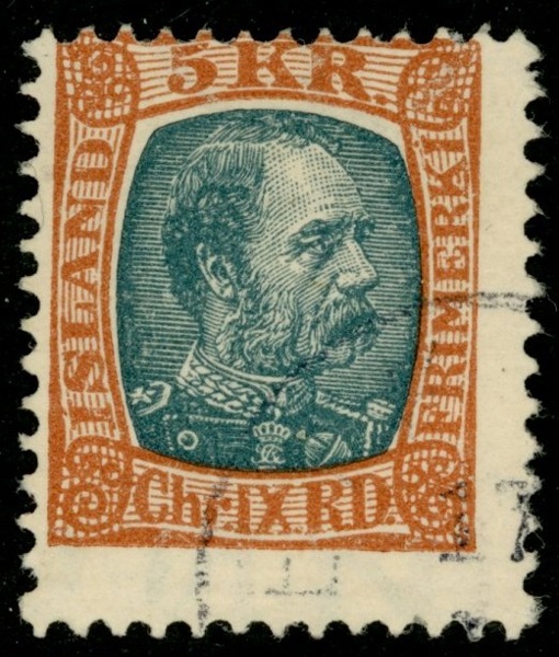 F75v. Stämplat ex av högvalören 5 kr med vattenmärke krona + stor del av marginal-vm. Ej nämnt i Facit! F 3000 kr+++