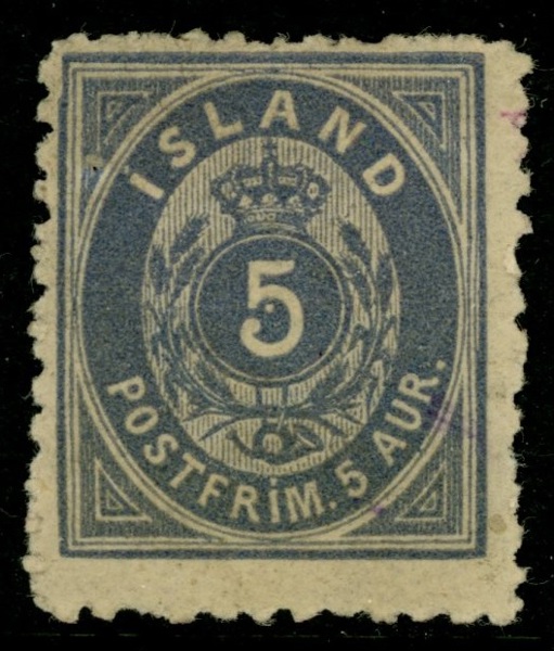 F23. 5 aur blå. Svaga violetta spår av någon sorts makulering. F 6500 kr för stämplat. 