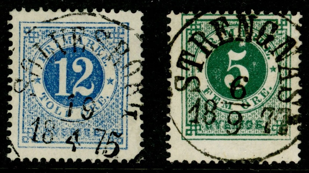 F21+19. Två vackert stämplade ex SÖLVESBORG resp STRENGNÄS.