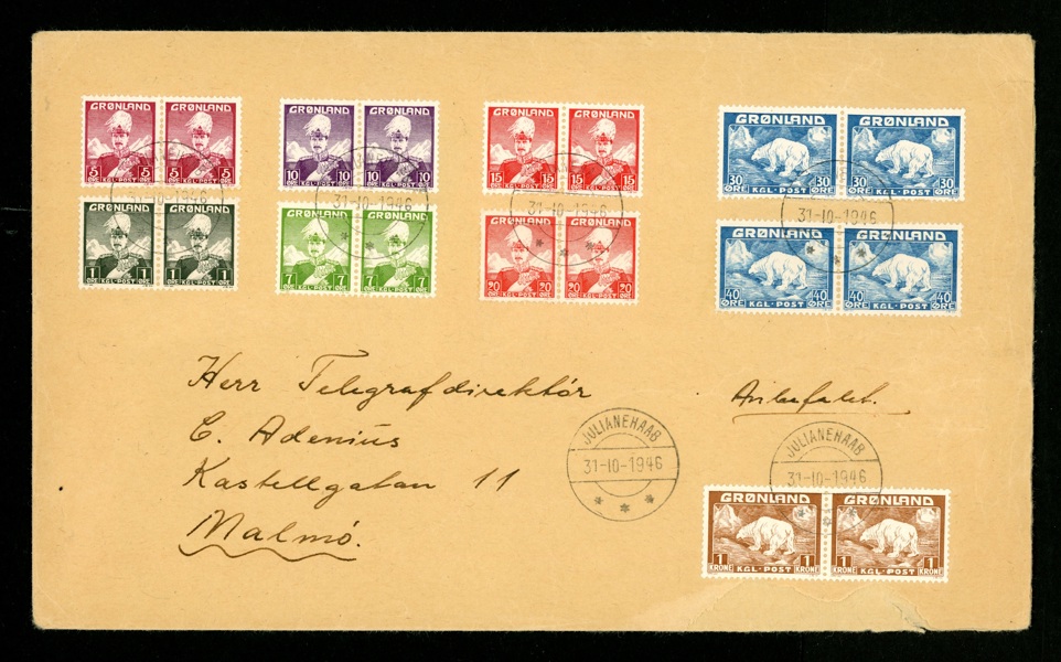 F1-9. Par-serie på vackert rek till Sverige stpl JULIANEHAAB 31.10.1946. Pappersförlust i nederkant men felfria frimärken.