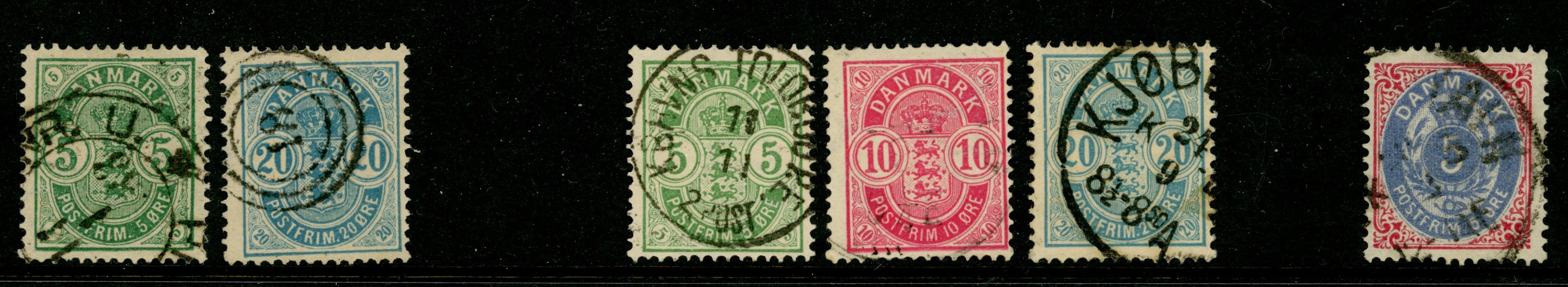 Stämplad lot med bl.a. 5 och 20 öre "små hörnsiffror". Facitnumren är 50, 52, 53-55 och 30.