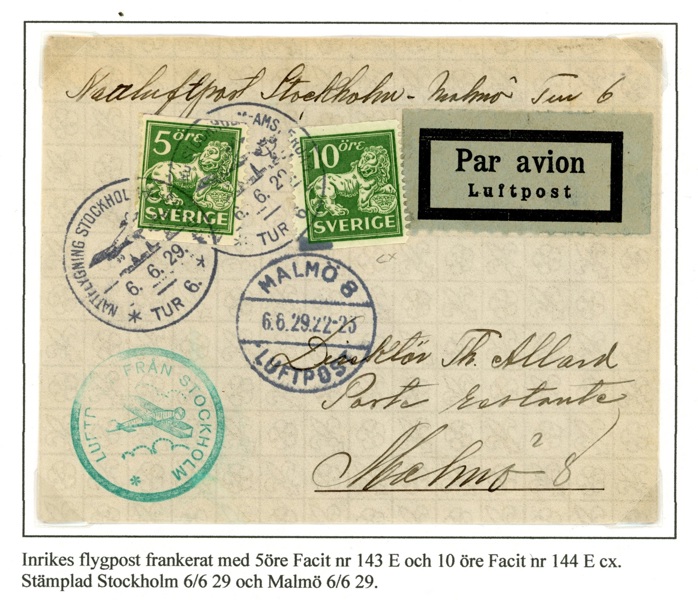 Luftpostbrev med nattflyg Sthlm-Malmö 6.6.29 TUR 6.
