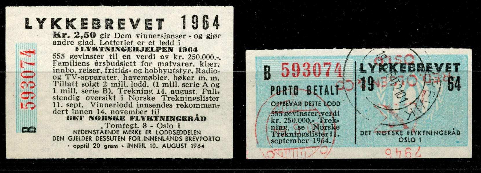 LM. Lykkebrevet 1964 i två delar, stämplat. F 400 kr