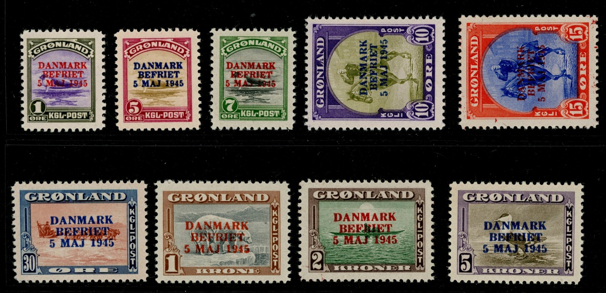 F19-27. Danmark befriet, postfrisk serie (9). F 10000 kr