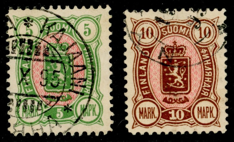 F33+34. Stämplat 5 och 10 Mk "tretaliga". F 1400 kr