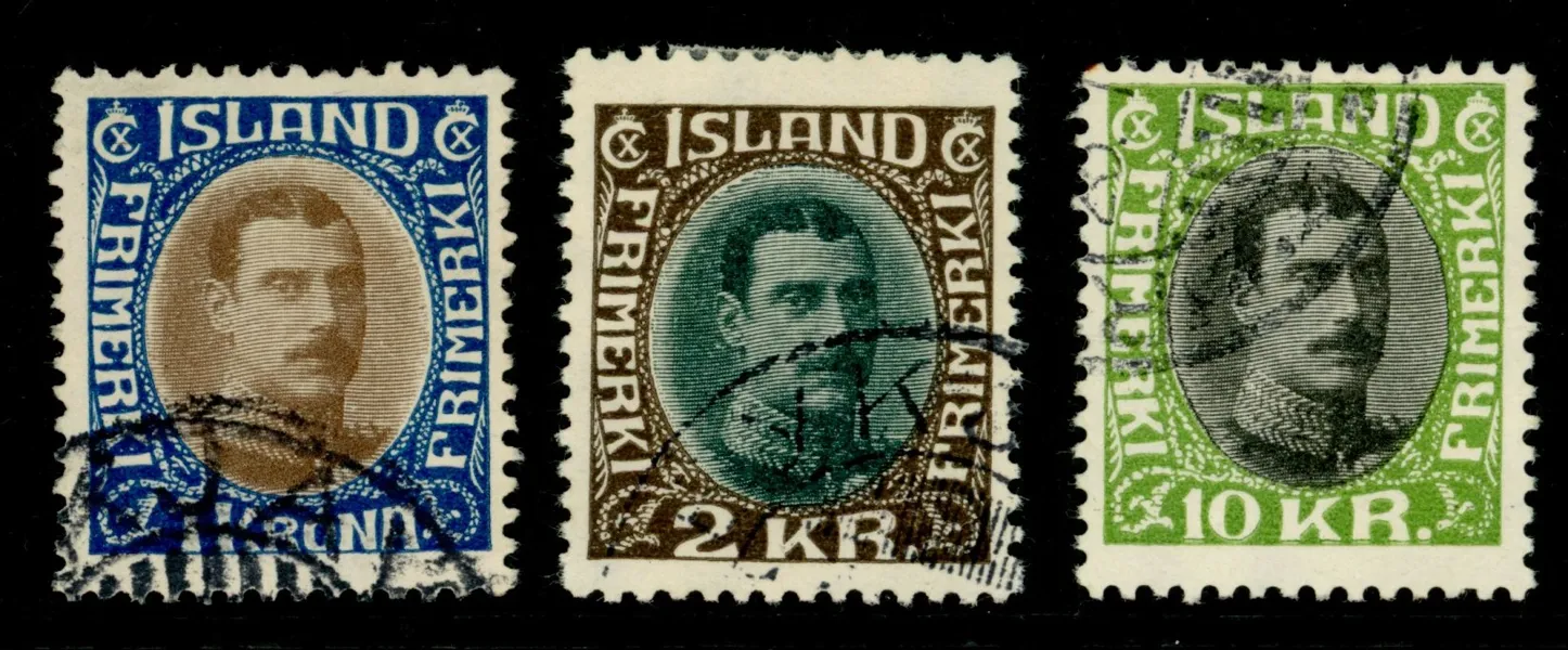 F155-57. Tre stämplade högvalörer inkl 10 kr, täta linjer. F 2565 kr