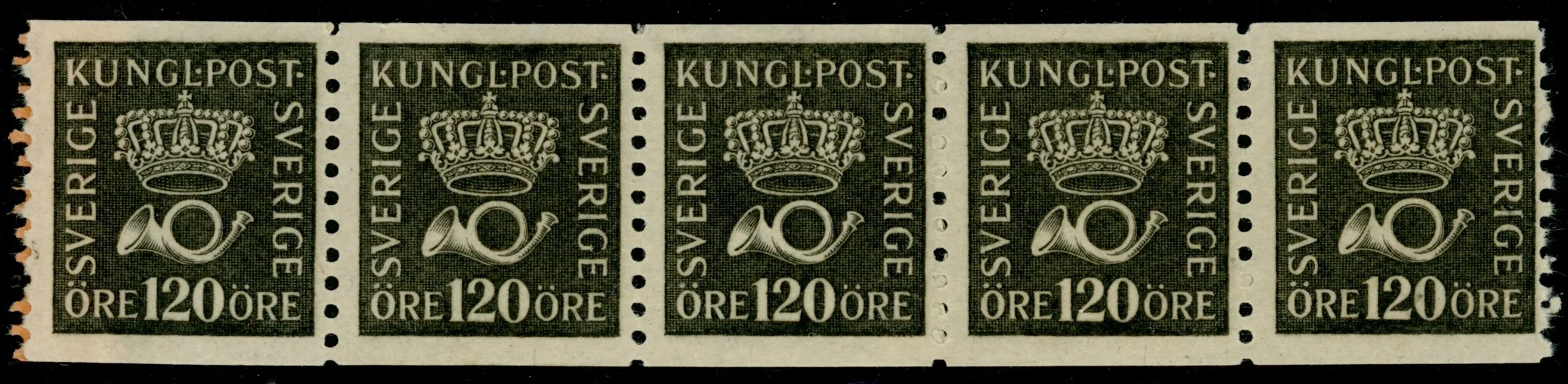 F171 a2-ppr. Postfriskt 5-strip. Ett ex ändmärke och ett annat med lätt veck. F 10000 kr