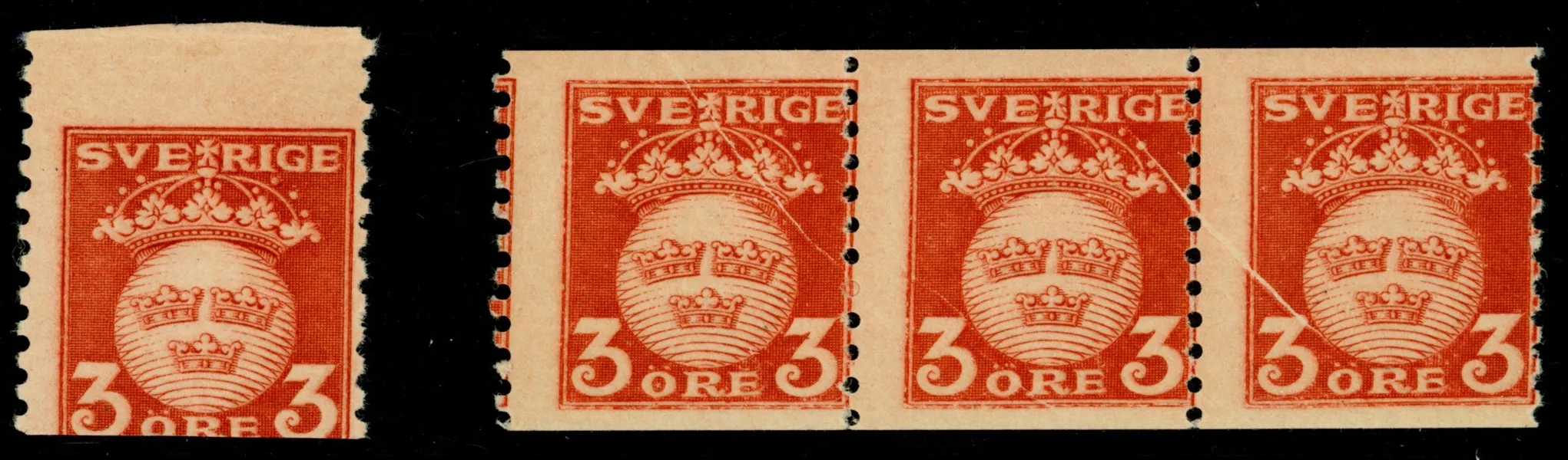 F139v. Lot med felskuret märke och 3-strip med små dragspel