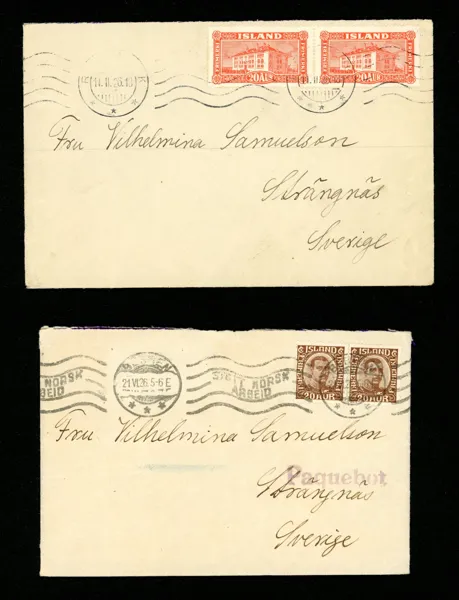 Lot två brev sända till Sverige 1926. Det ena stämplat i Norge dit det först gått med båt. Båda med bevarat innehåll.