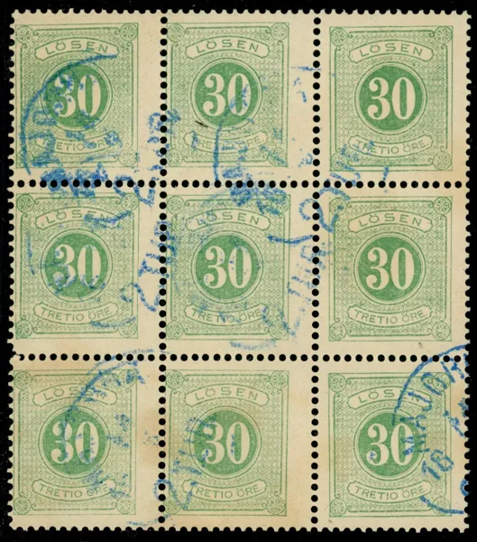 L18. Stämplat 9-block, dock till stor del särat, med blå stämpel MAJORNA 15.X.18XX 2.TUR. Ovanlig enhet.