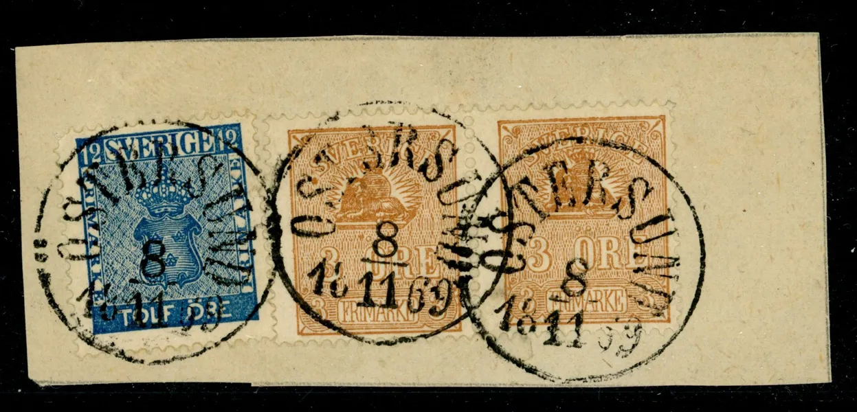 F9+14B. Trevlig klipp med 12 öre (kht) + 2x 3 öre stpl ÖSTERSUND 8.11.1869. En 3-öring med variant fläck vid "S".