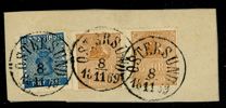F9+14B. Trevlig klipp med 12 öre (kht) + 2x 3 öre stpl ÖSTERSUND 8.11.1869. En 3-öring med variant fläck vid "S".