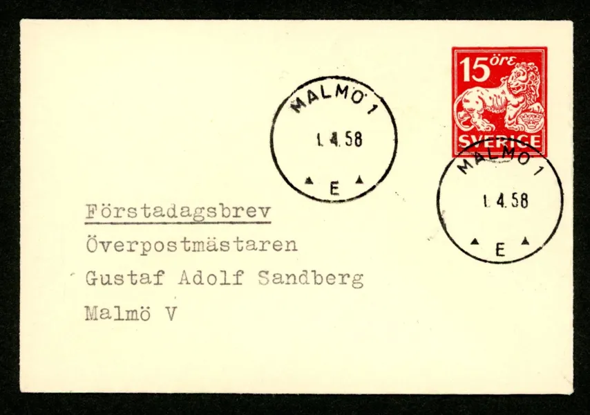 Fk24. Frankokuvert 15 öre röd som FDC MALMÖ 1 1.4.58