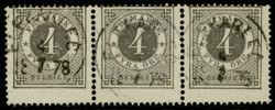 F18. Stämplat 3-strip 4 öre med rättvända stämplar ELFKARLEÖ 4.7.1878. Enligt Facit finns bara fyra kända 3-strip och detta borde stå sig bra i konkurrensen om det finaste.  Utställningsobjekt.