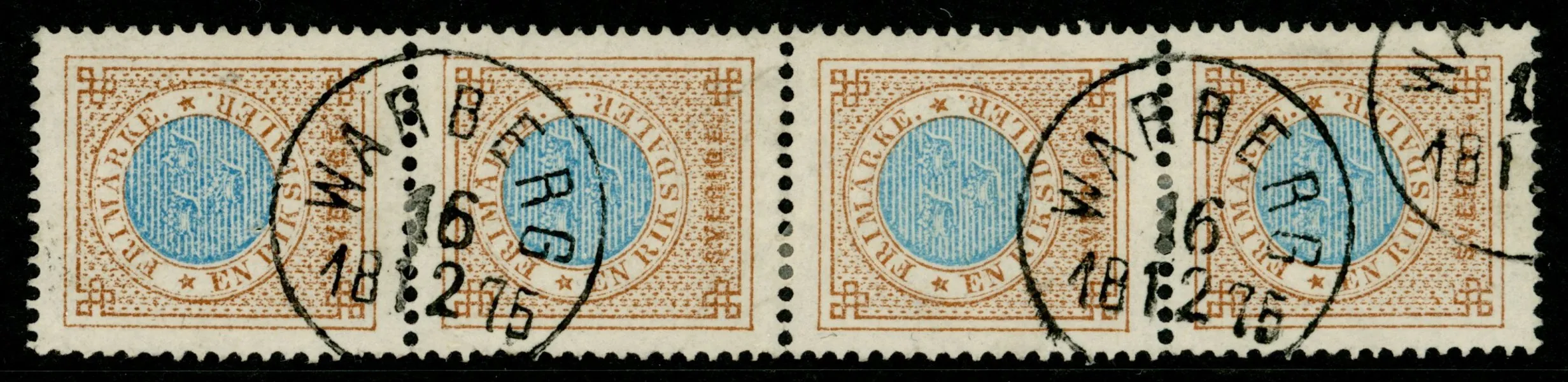 F27. Stämplat, synnerligen vackert 4-strip av riksdaler tandning 14. Stämplat WARBERG 16.12.1875. Ett förstklassigt objekt för den kräsne!