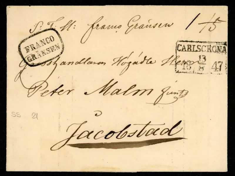 Förfilateli. Praktbrev till Finland stpl CARLSCRONA 13.8.1847 och FRANCO GRÄNSEN i oval.