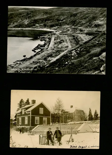 Norskt kort "Tyskernes takk för gjestfriheten 1945" + ett kort med felklippta märken från automat, detta senare med kraftiga veck.