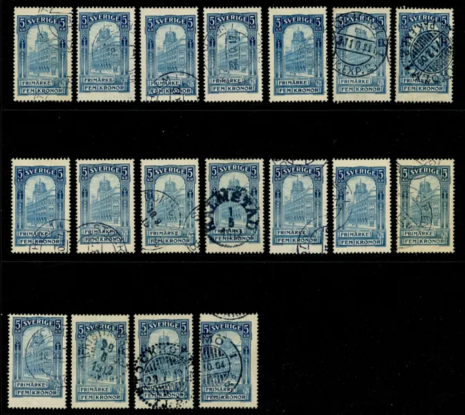 F65. Lot med 18 fräscha stämplade märken.