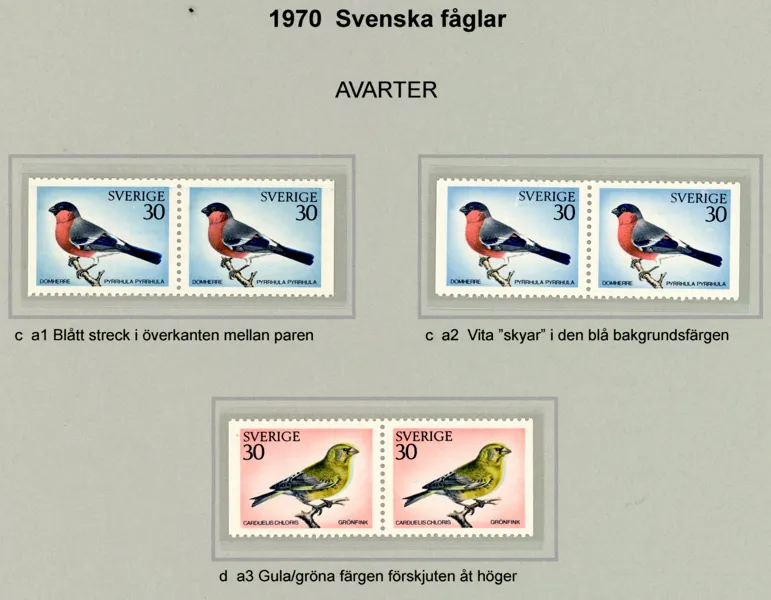 F714 m.fl. Tre par med varianter, bl.a. tydligt förskjuten färg på nedre paret.