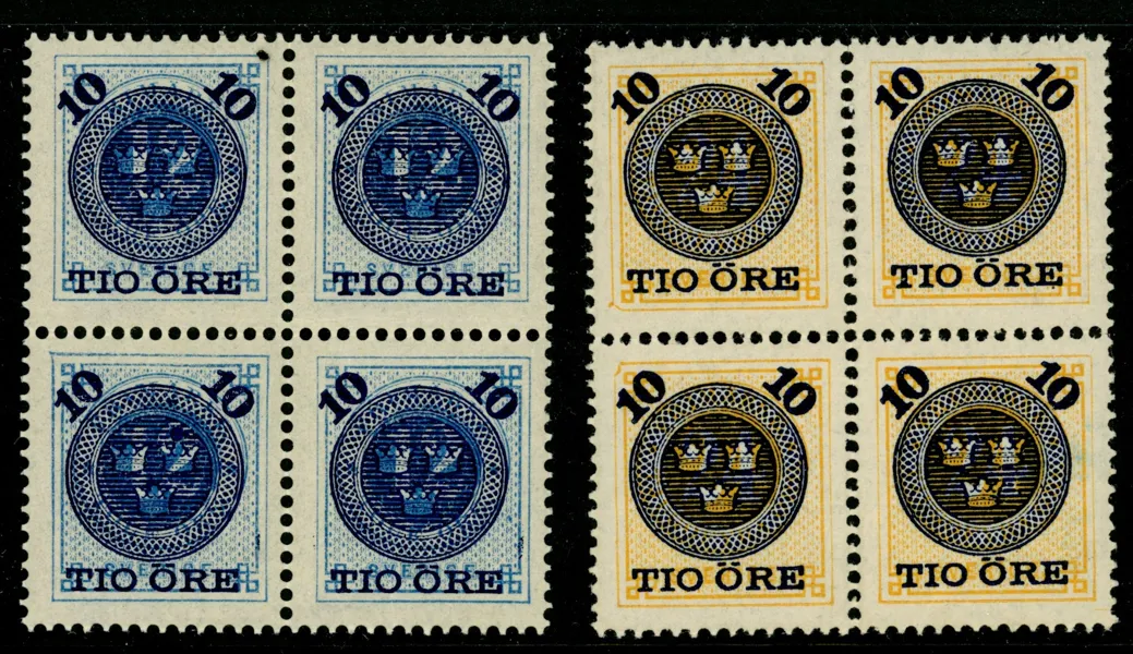 F50-51. Postfriska 4-block (det blå med ägarstämplar).
