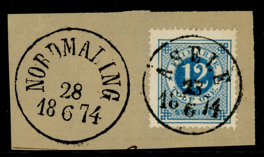 F21. Lyxklipp ÅSELE 28.6.1874 och sidostämpel NORDMALING samma datum. Det blir inte vackrare än så här!