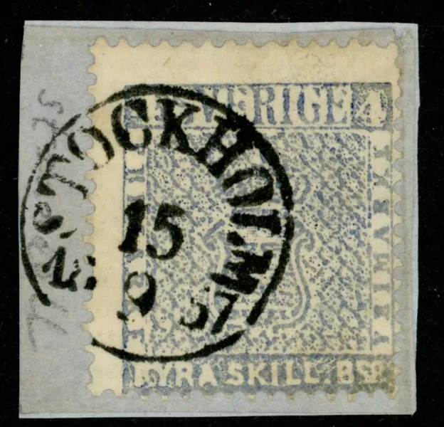 F2j2. Klipp med en bättre nyans stämplat STOCKHOLM 15.9.1857. Vackert objekt sign Strandell. Dessutom intressant tryckavart "PYRA" eller rentav "RYRA/KYRA".