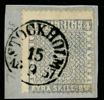 F2j2. Klipp med en bättre nyans stämplat STOCKHOLM 15.9.1857. Vackert objekt sign Strandell. Dessutom intressant tryckavart "PYRA" eller rentav "RYRA/KYRA".