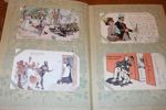 Vykortsalbum med 100 kort tidigt 1900-tal. Mest tematiska kort med humor på olika nivåer, men även två sedelkort, "jättedamer" m.m.