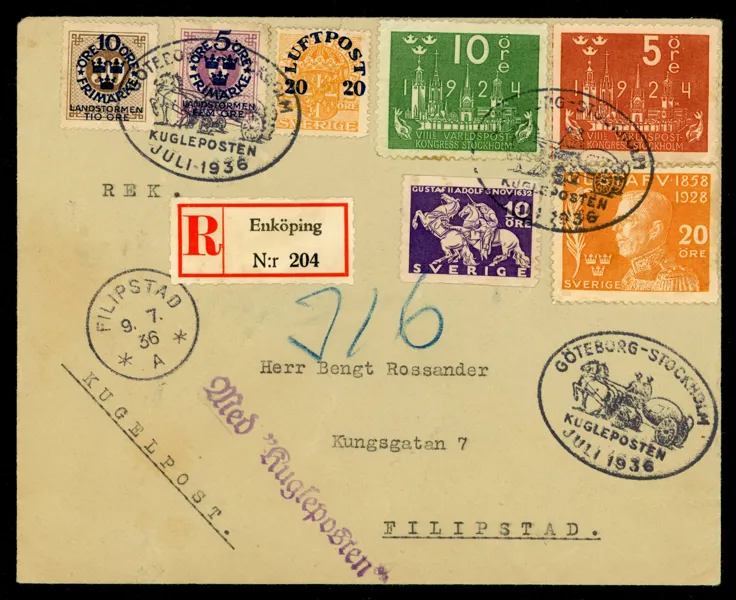 KUGLEPOSTEN. Brev med riklig frankering stpl FILIPSTAD 9.7.36 men med reketikett ENKÖPING. 
