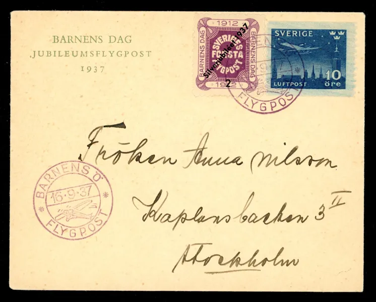 HF2. Barnens dag silverjubileet. Brev stpl BARNENS Ö 16.9.37