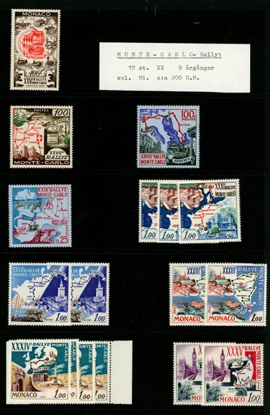 MONACO. Monte Carlo-rallyt. 9 postfriska årgångar inkl några dubbletter.