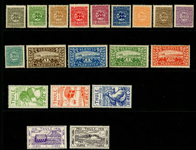Slesvig 1-14 och Grönland/Thule 1-5. Postfriska serier. 1 mk Slesvig med felande tand. F 1150 kr