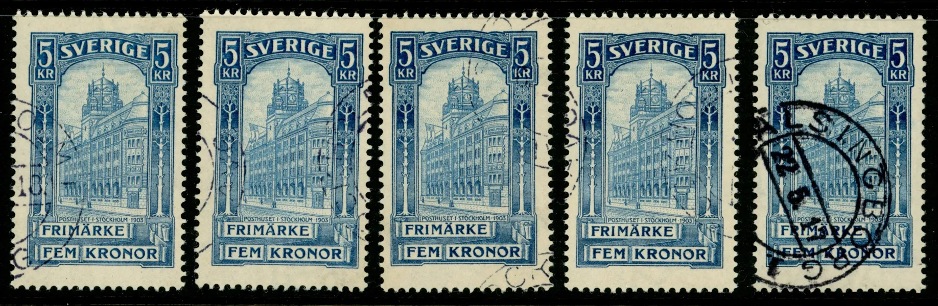 F65. Lot med fem stämplade märken.