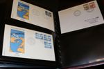 VÄRLDEN. FDC och några andra brev i fem album. Grönland, Färöarna, Norge, Island inkl bättre. Dessutom två album blandade länder med flera intressanta, bl.a. fyra FDC/brev från TANNU TUVA 1930-tal.