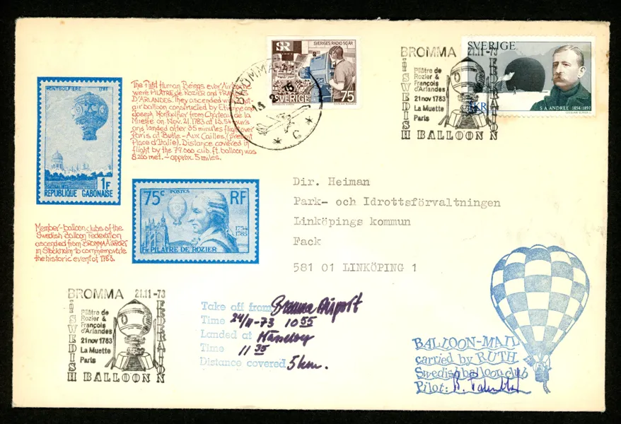 Ballongpost skickat från BROMMA med stämplar 21.11.73 och 15.2.75