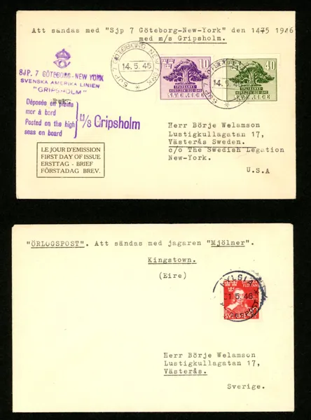 Två trevliga båtbrev "gjorda" av filatelisten Börje Welamson i Västerås 1946.