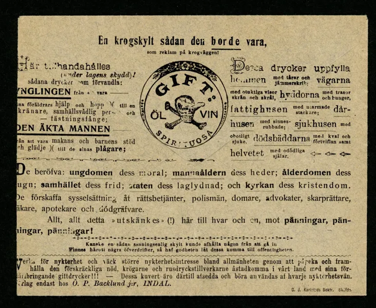 Obeg kuvert med fascinerande baksidespropaganda mot alkoholism.