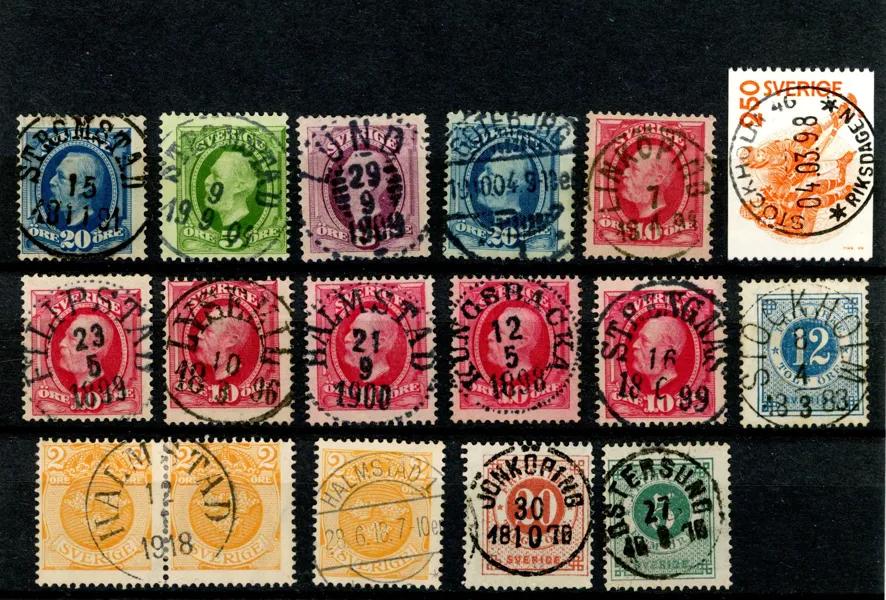 Lot 16 ex med prakt-lyxstämplar. 8-öringen har ktt i nederkant, i övrigt mest felfria vackra ex!