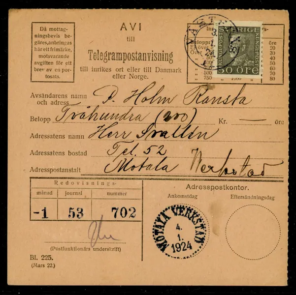 F192. Vacker telegrampostanvisning stpl VÄSTERÅS 3.1.24 sänt till Motala verkstad.